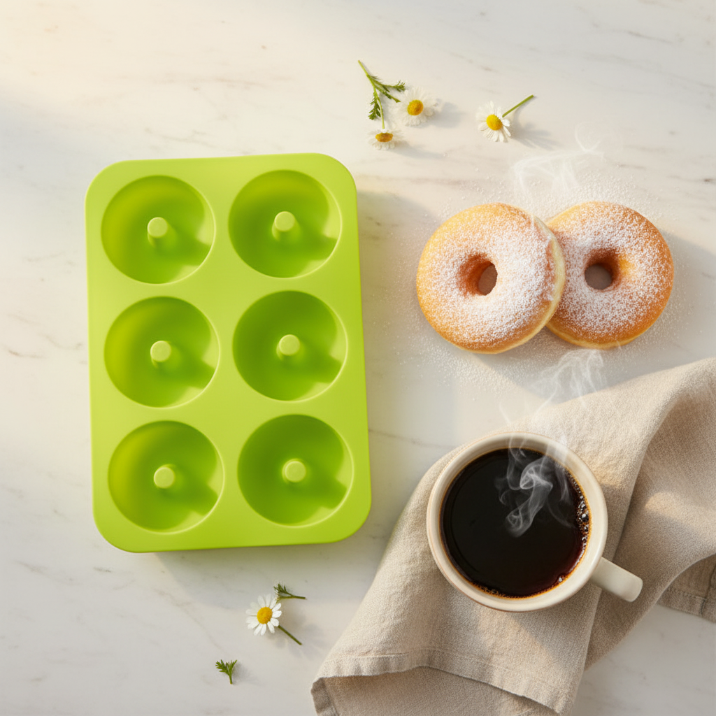 Moule Donut avec donuts et café sur table marbre