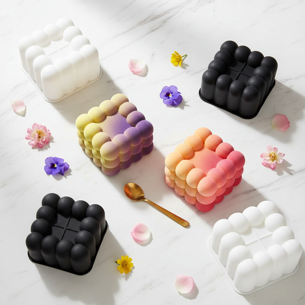 Moules bento cake et bento cake sur table marbre 