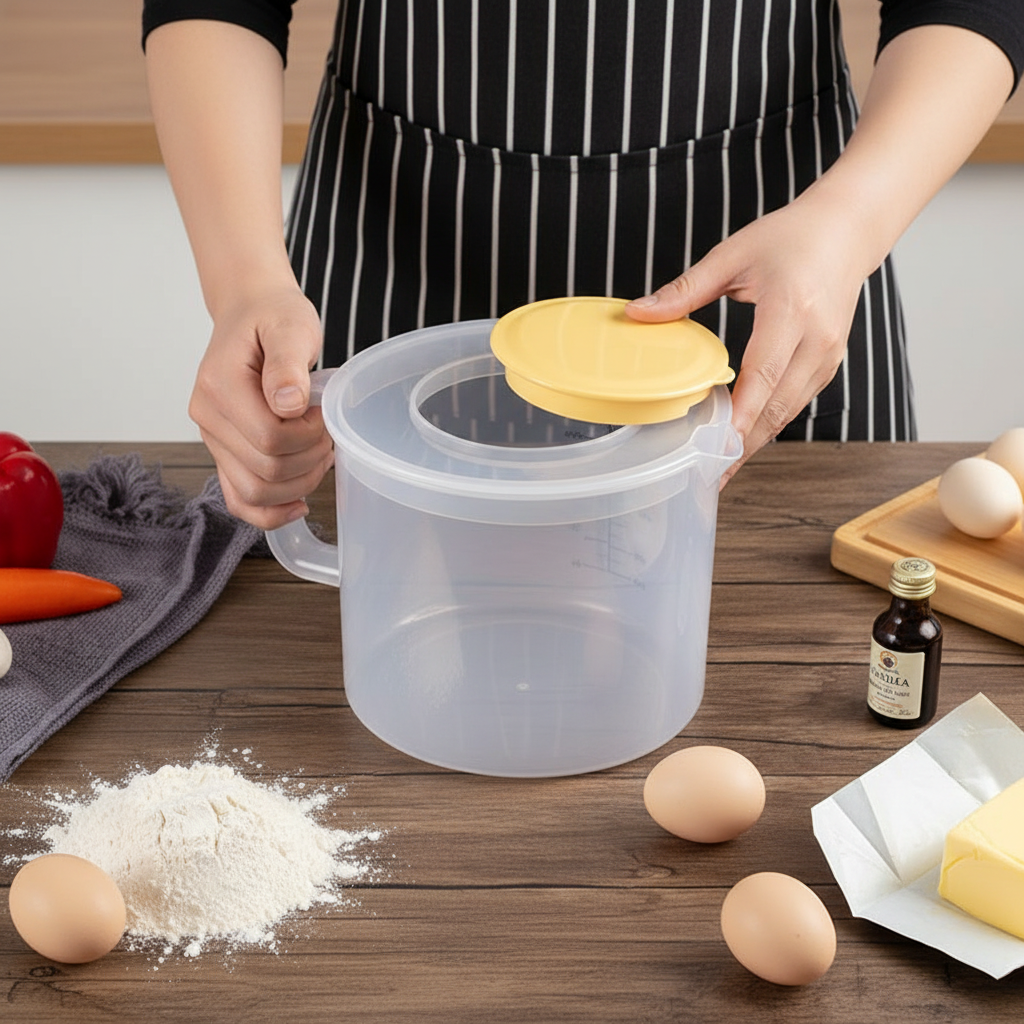 Verre Doseur sur table en bois avec ingrédient