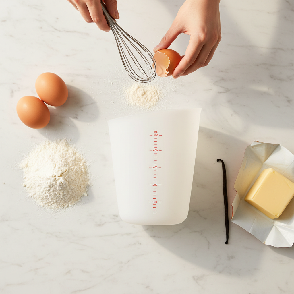 Verre mesureur couleur blanc posé sur table marbre 