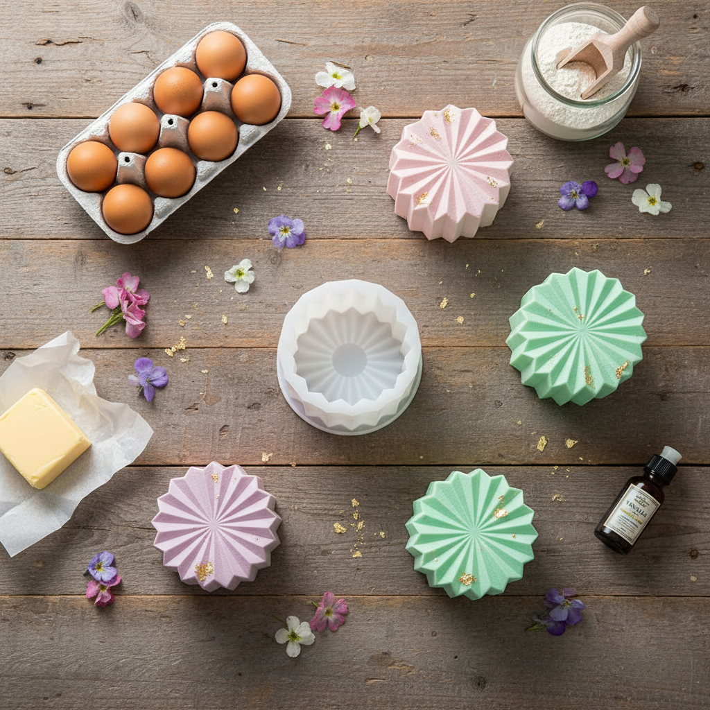 Flat lay moule bento cakes origami gâteaux pastels ingrédients table bois