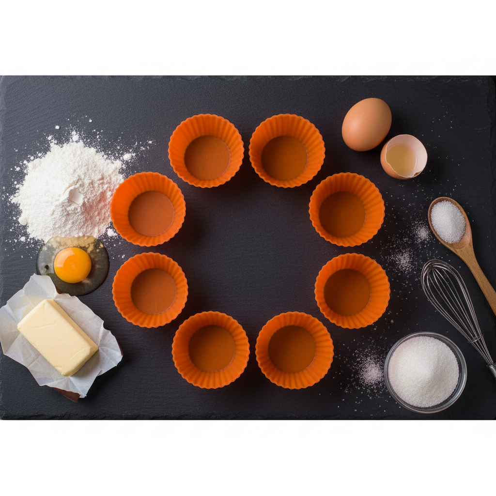 Moule Cupcake Silicone et ingrédient sur table noir 