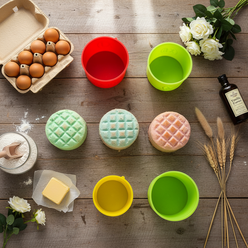 Flat lay moules ronds silicone 3 tailles table bois ingrédients