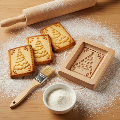 Emporte piece biscuit noel TANNE™ et biscuit sur table farinée 