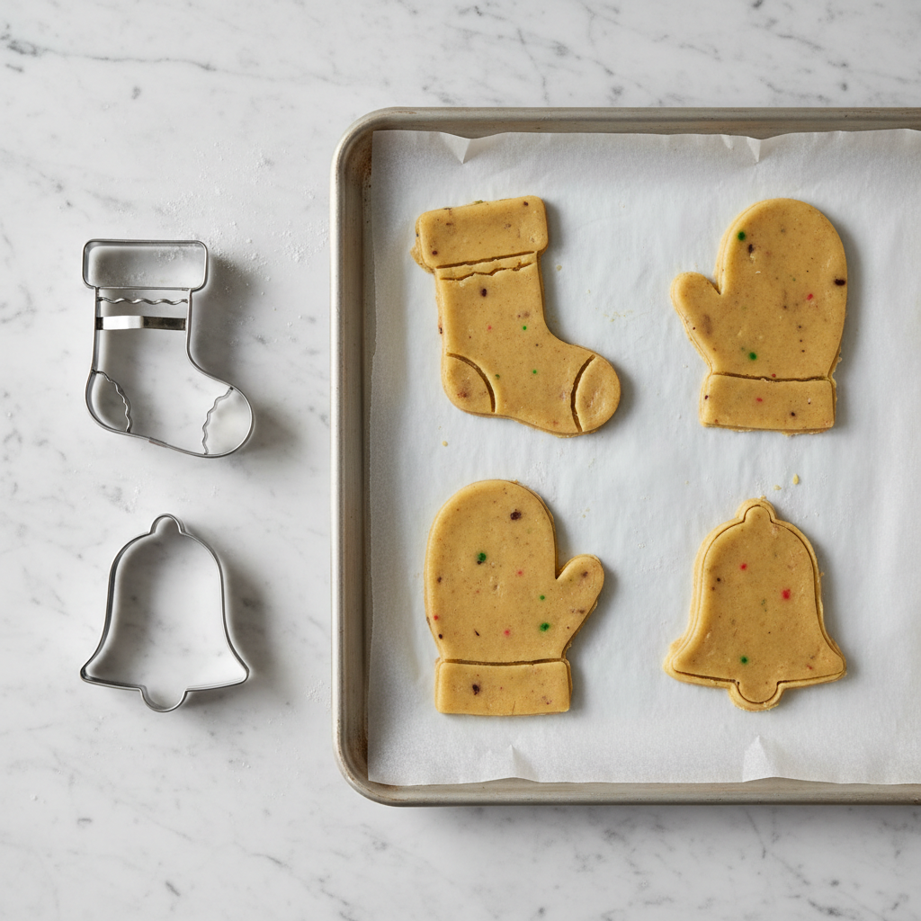 Emportes pieces noel avec biscuit crue sur plaque cuisson 