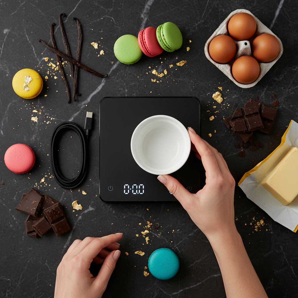 Pesée ingrédient avec Balance de patisserie sur table noir