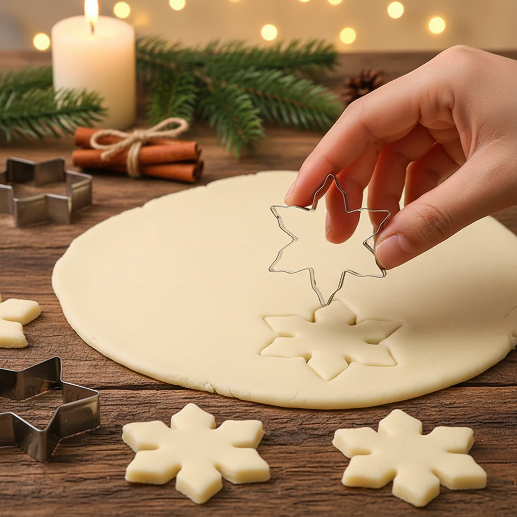 Emportes pieces noel INOXFETE™ forme flocon sur pâte biscuit  