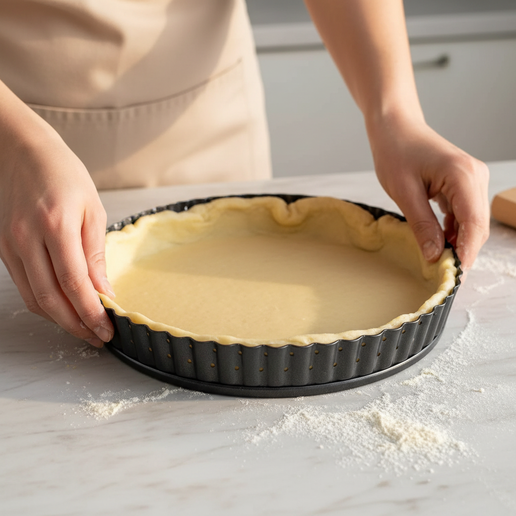Fonçage pâte dans Moule tarte fond amovible perforé