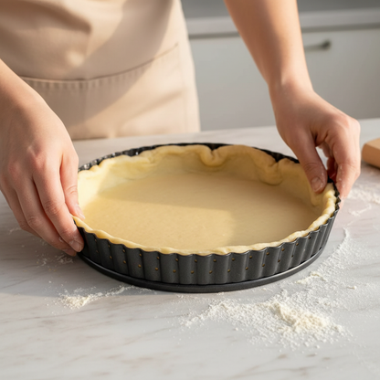 Fonçage pâte dans Moule tarte fond amovible perforé