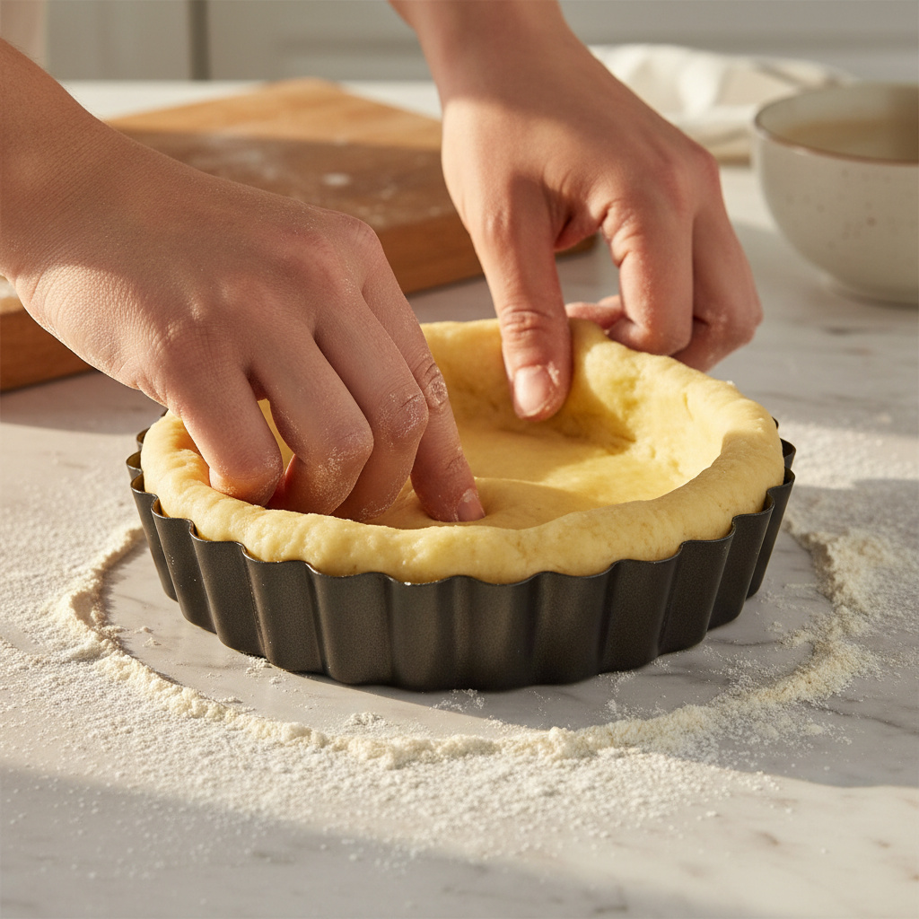 Fonçage pâte dans moule tarte professionnel
