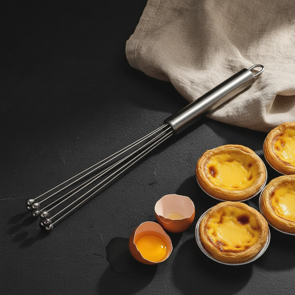 fouet à bille en acier sur table noir avec pâtisserie  