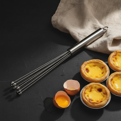 fouet à bille en acier sur table noir avec pâtisserie  