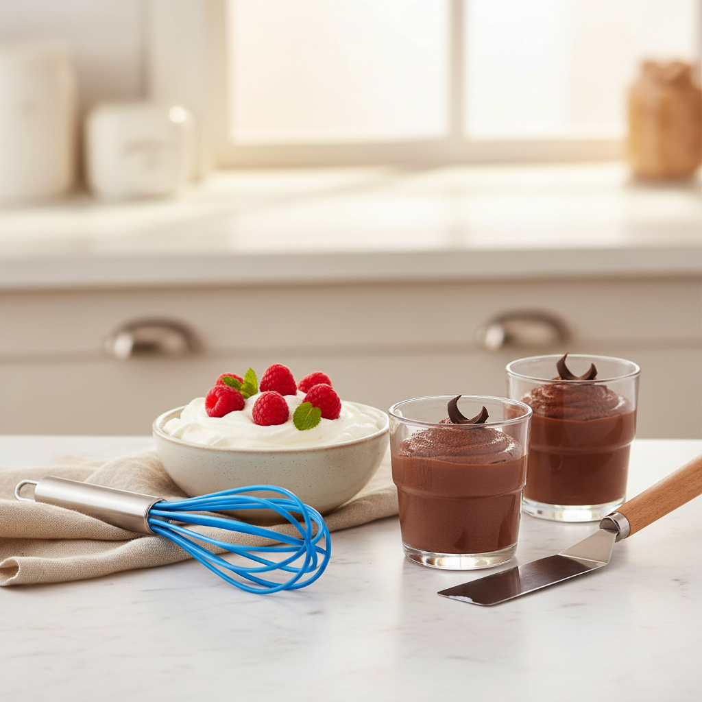Fouet cuisine professionnel avec deux dessert sur table cuisine