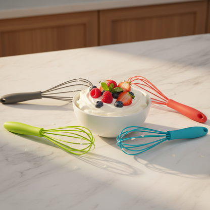 fouet cuisine professionnel avec dessert sur table cuisine