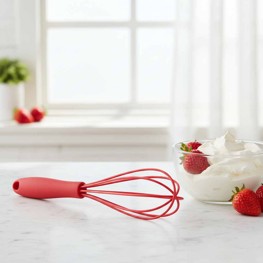 fouet cuisine professionnel rouge sur table avec dessert 