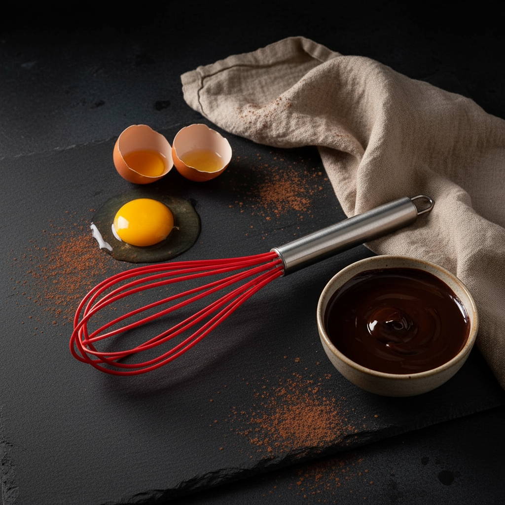 Fouet cuisine professionnel sur ardoise noir avec ingrédients