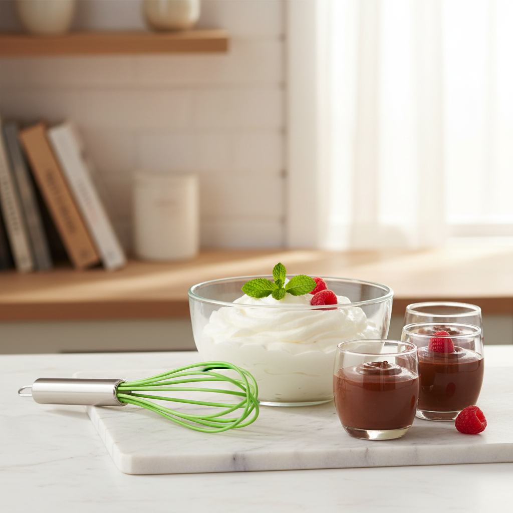 Fouet cuisine professionnel sur table cuisine avec dessert 