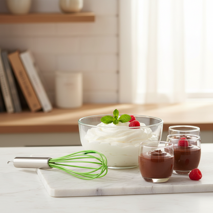 Fouet cuisine professionnel sur table cuisine avec dessert 