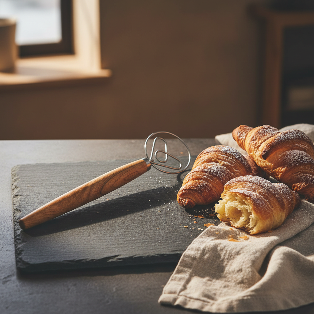 Fouet danois forme cœur avec viennoiseries sur ardoise dans cuisine 