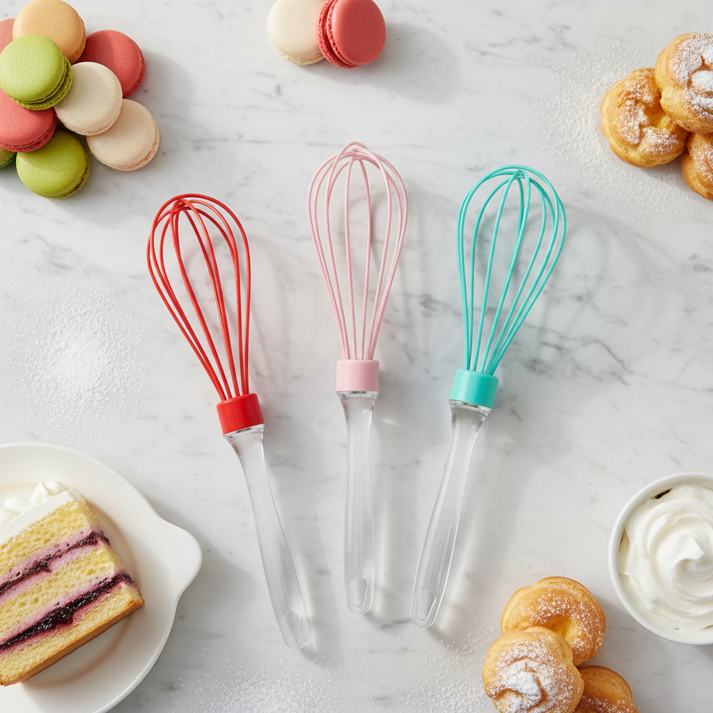 Fouet de cuisine sur table cuisine avec gâteaux 