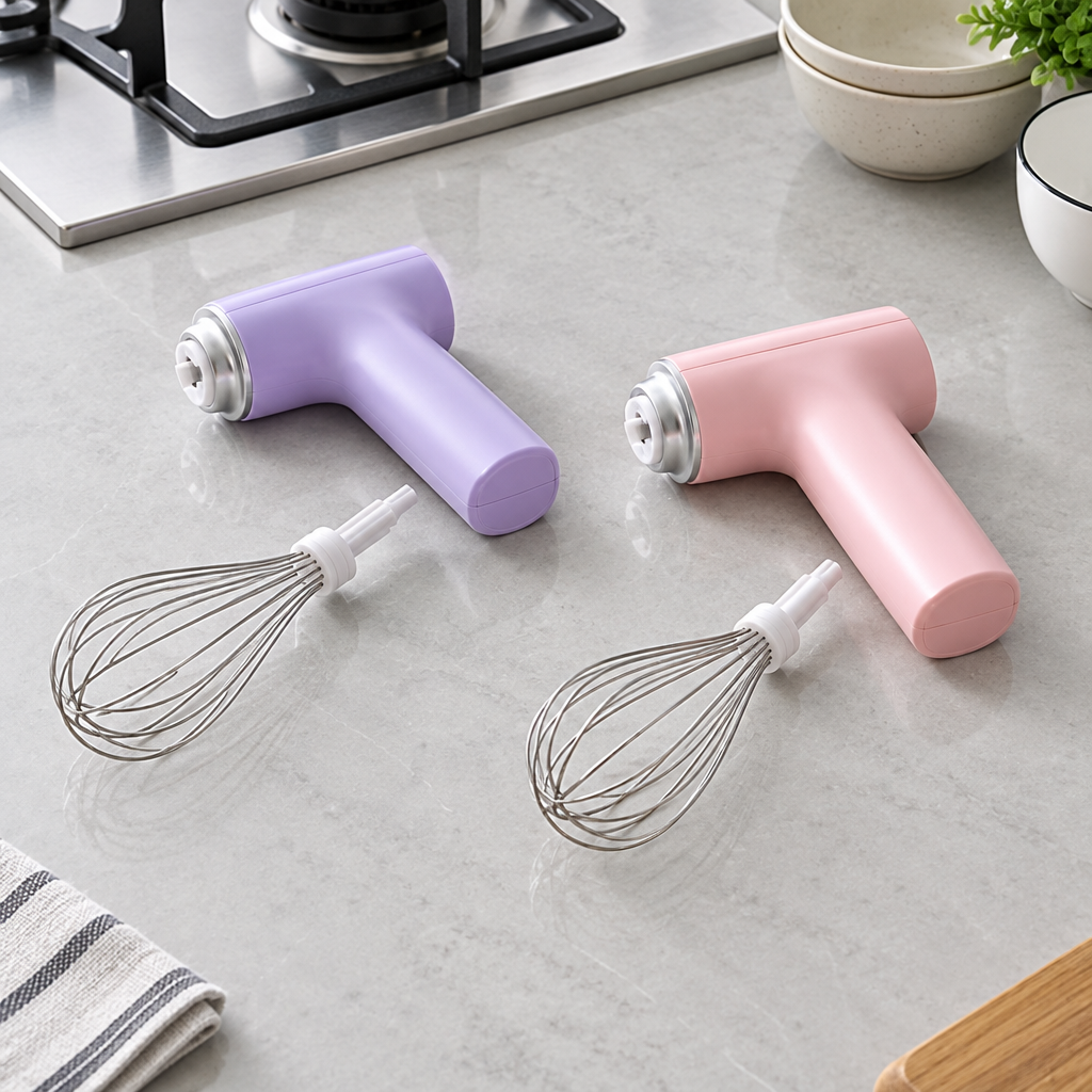 fouet électrique rose violet sur plan table cuisine
