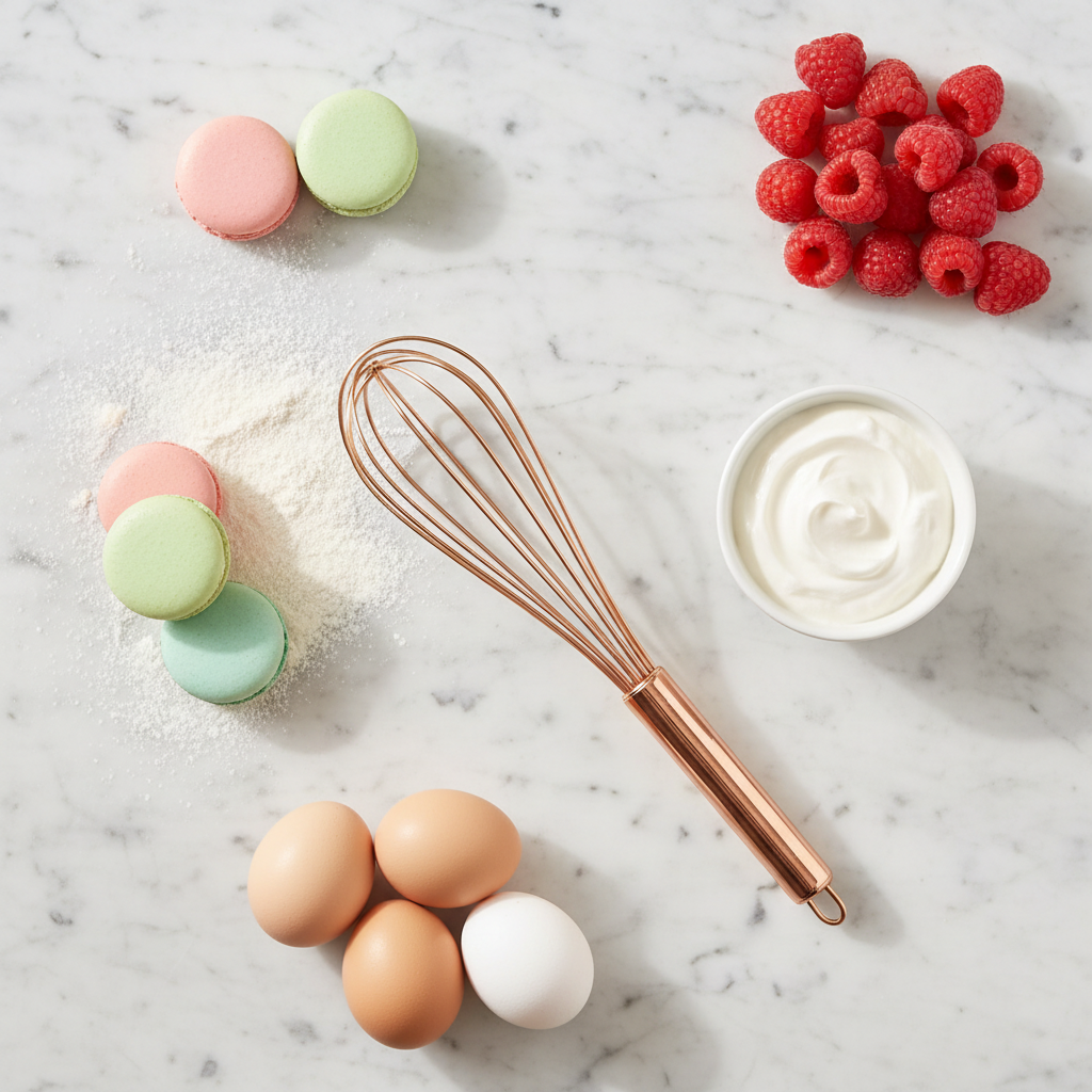 fouet en inox avec ingrédient et gâteaux sur table marbre