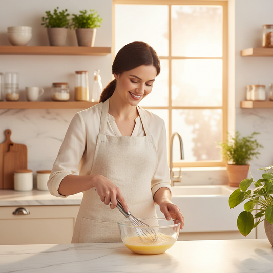 Femme mélangeant préparation avec Fouet patisserie dans cuisine