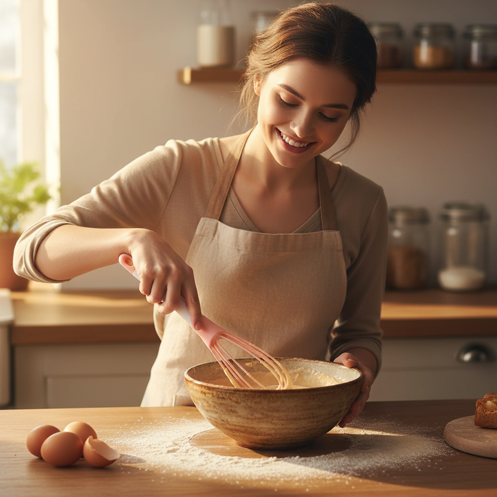 femme préparant un gâteau avec Fouet plat