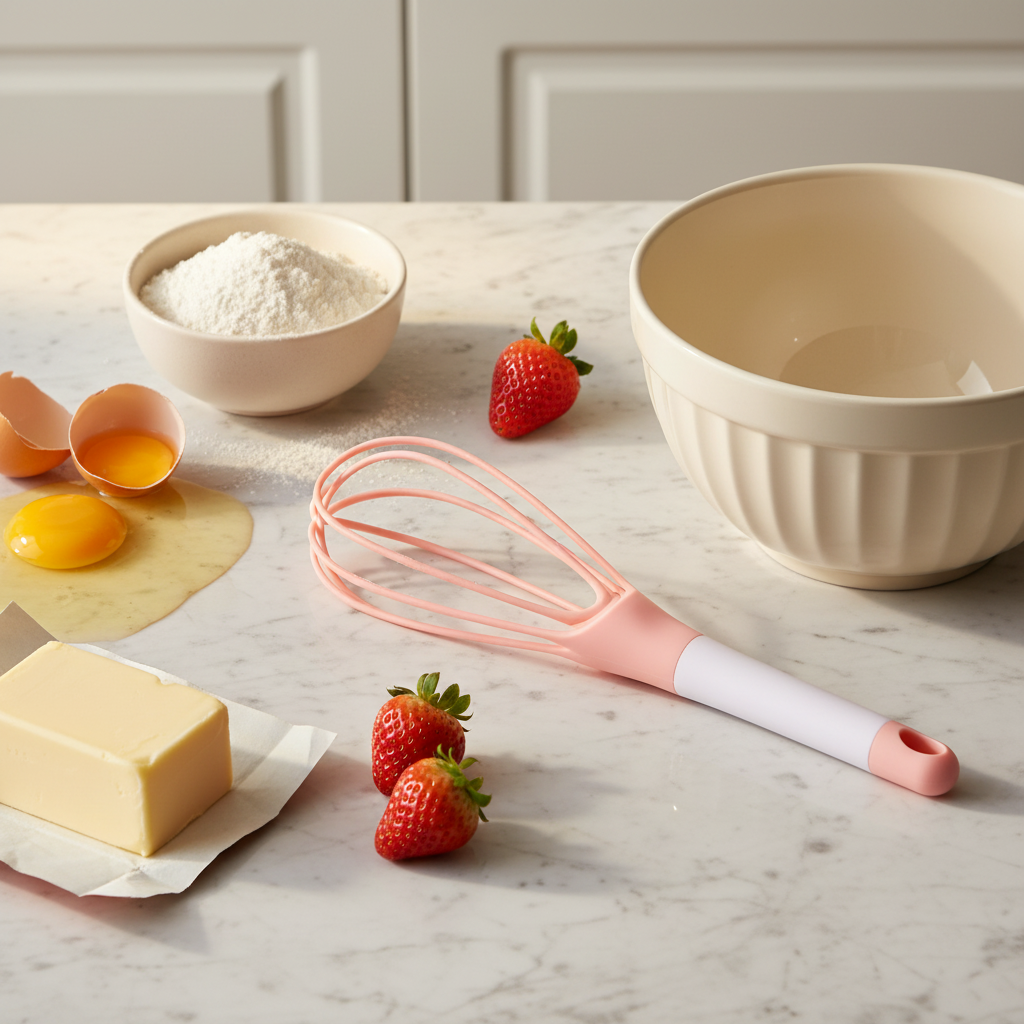 Fouet plat rose posé avec ingrédients et pâtisserie 