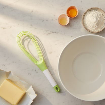 Fouet plat vert posé avec ingrédients sur table cuisine