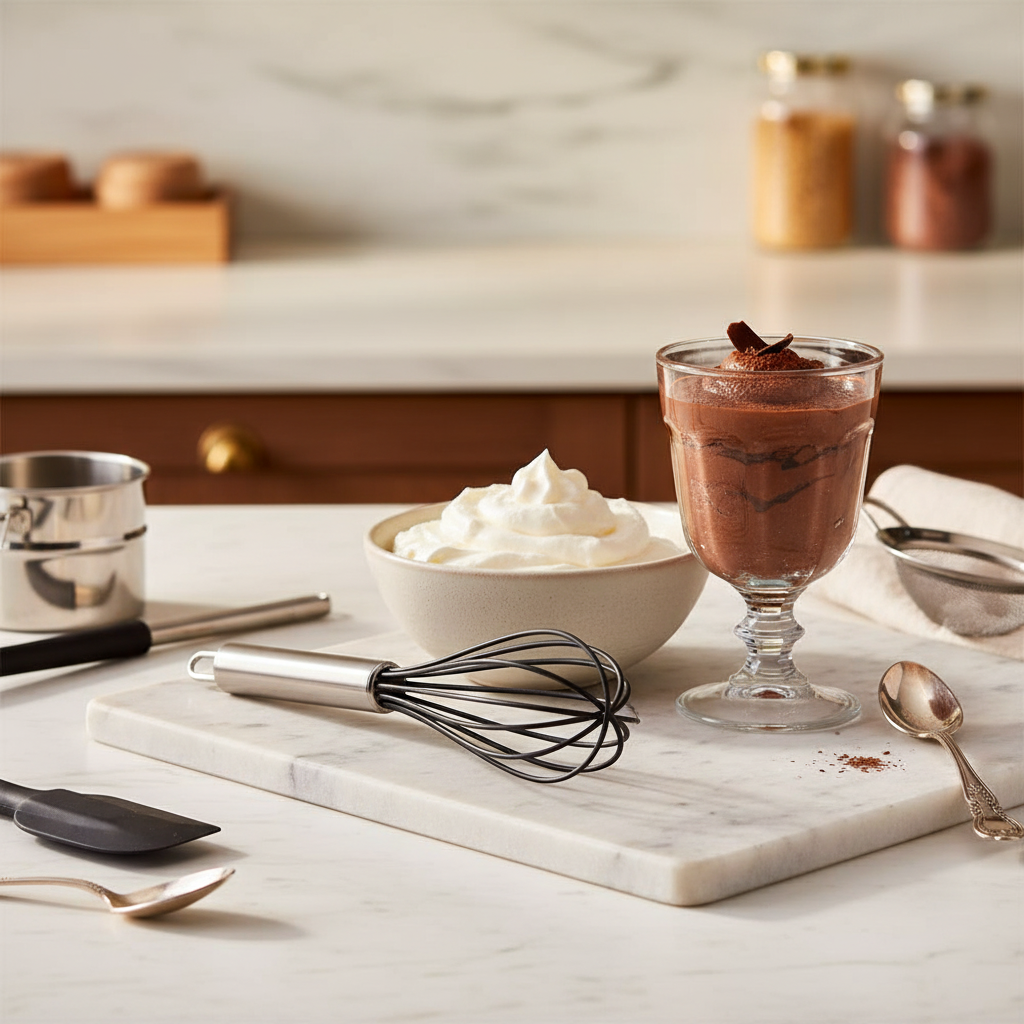 Fouet professionnel cuisine avec dessert sur table cuisine