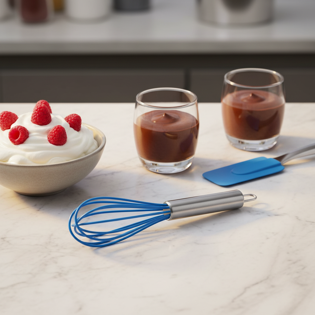 Fouet professionnel cuisine avec dessert sur table cuisine