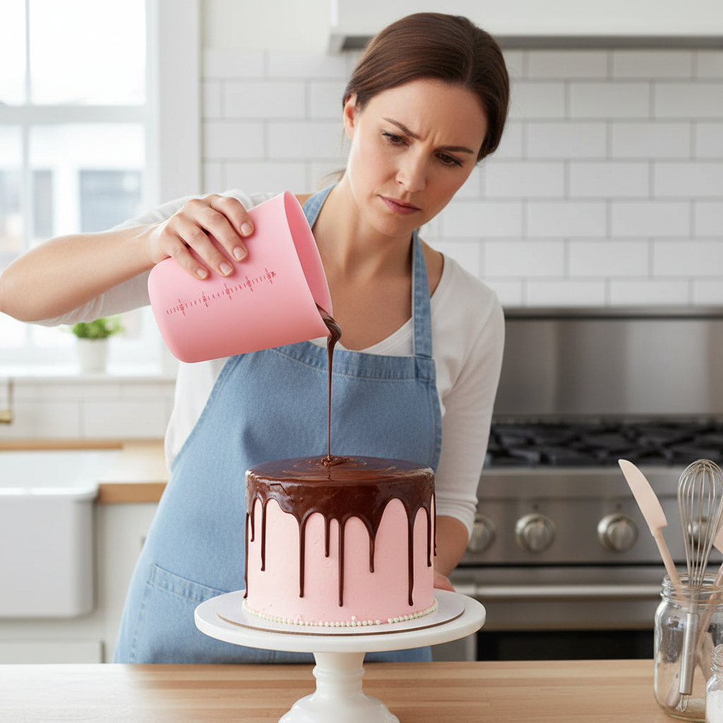 Femme verse glaçage chocolat sur cake rose avec Verre mesureur 