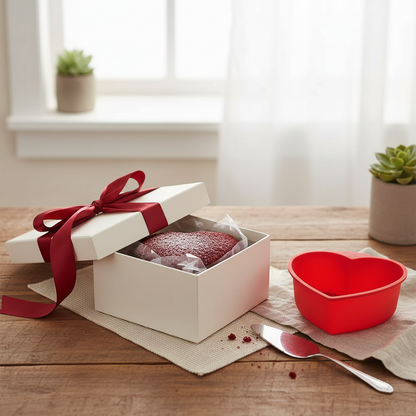Moule Silicone coeur sur table bois avec Gâteau cœur emballé 
