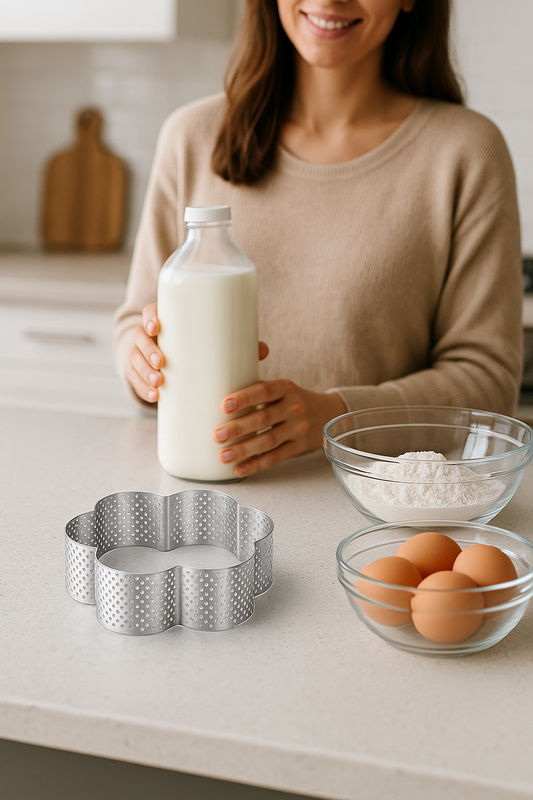 une femme avec moule à tarte en forme de fleur