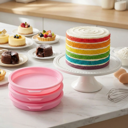 Moules à gâteaux ronds roses layer cake desserts variés