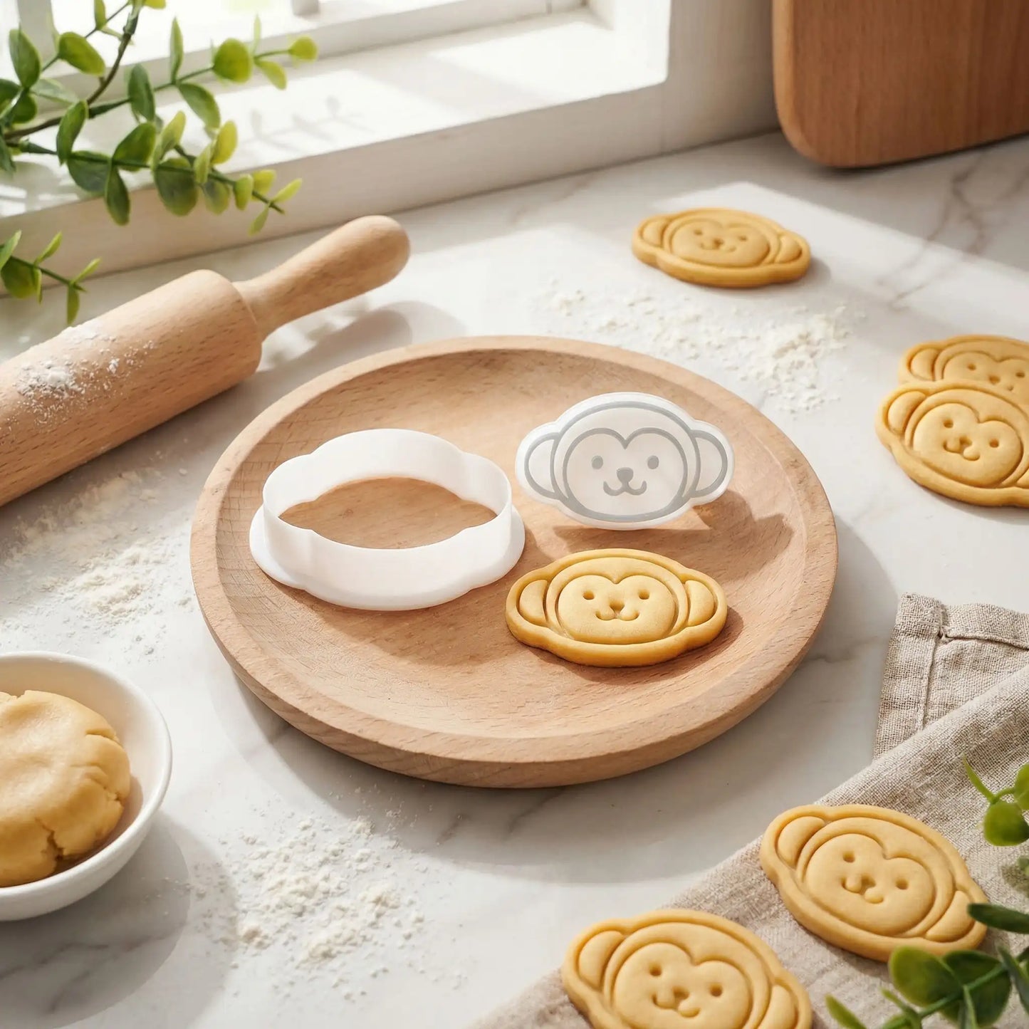 Emporte piece pour patisserie singe sur table avec rouleau patisserie