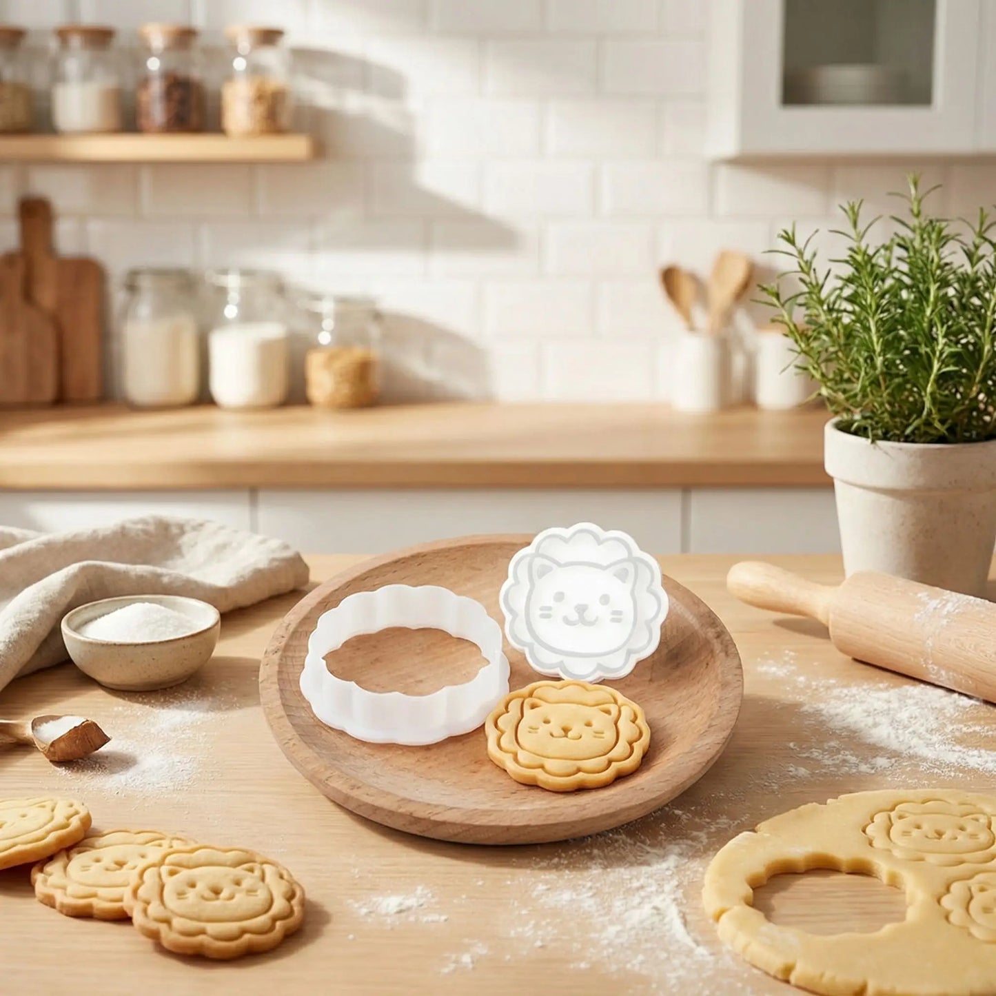 Emporte piece pour patisserie lion sur assiette bois