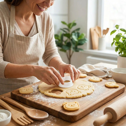 Femme utilisant mporte piece patisserie ours avec pate biscuit
