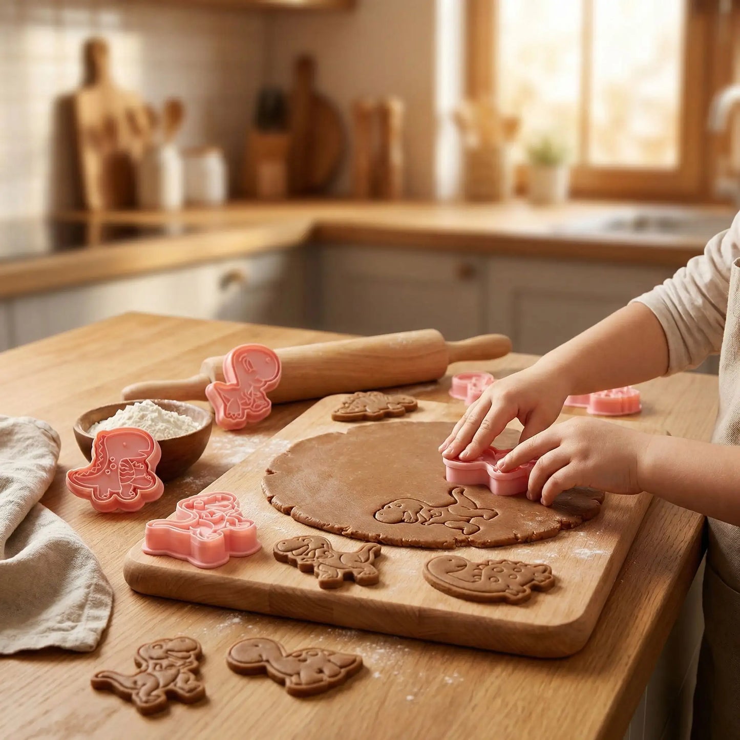 Enfant manipulant Emporte pièce dinosaure sur pate biscuit