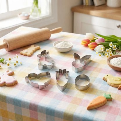 Emporte piece patisserie et biscuit sur nappe table pastel 