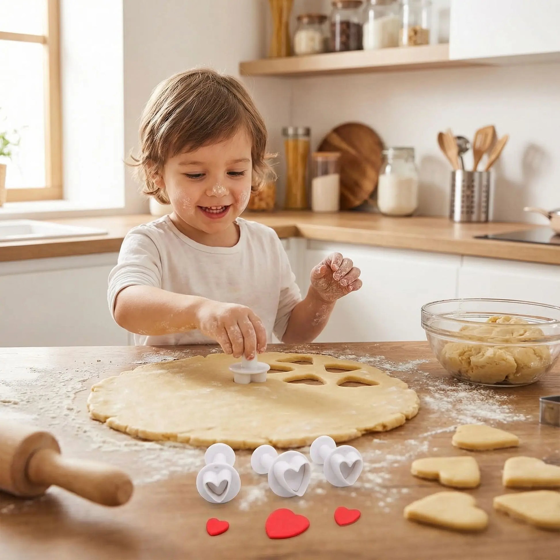 Enfant utilisant Emporte Piece en Coeur sur pate biscuit