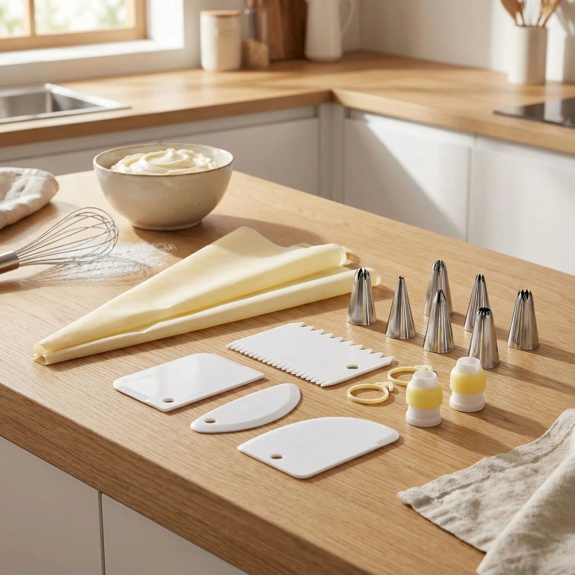 Kit patisserie jaune posé à plat sur plan cuisine