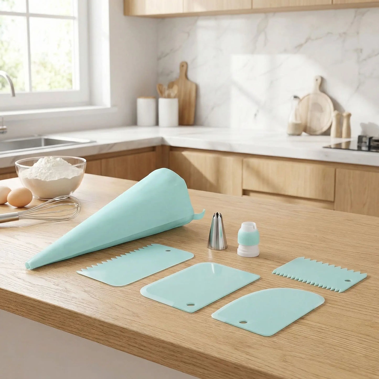 Kit patisserie vert menthe posé sur plan de cuisine 