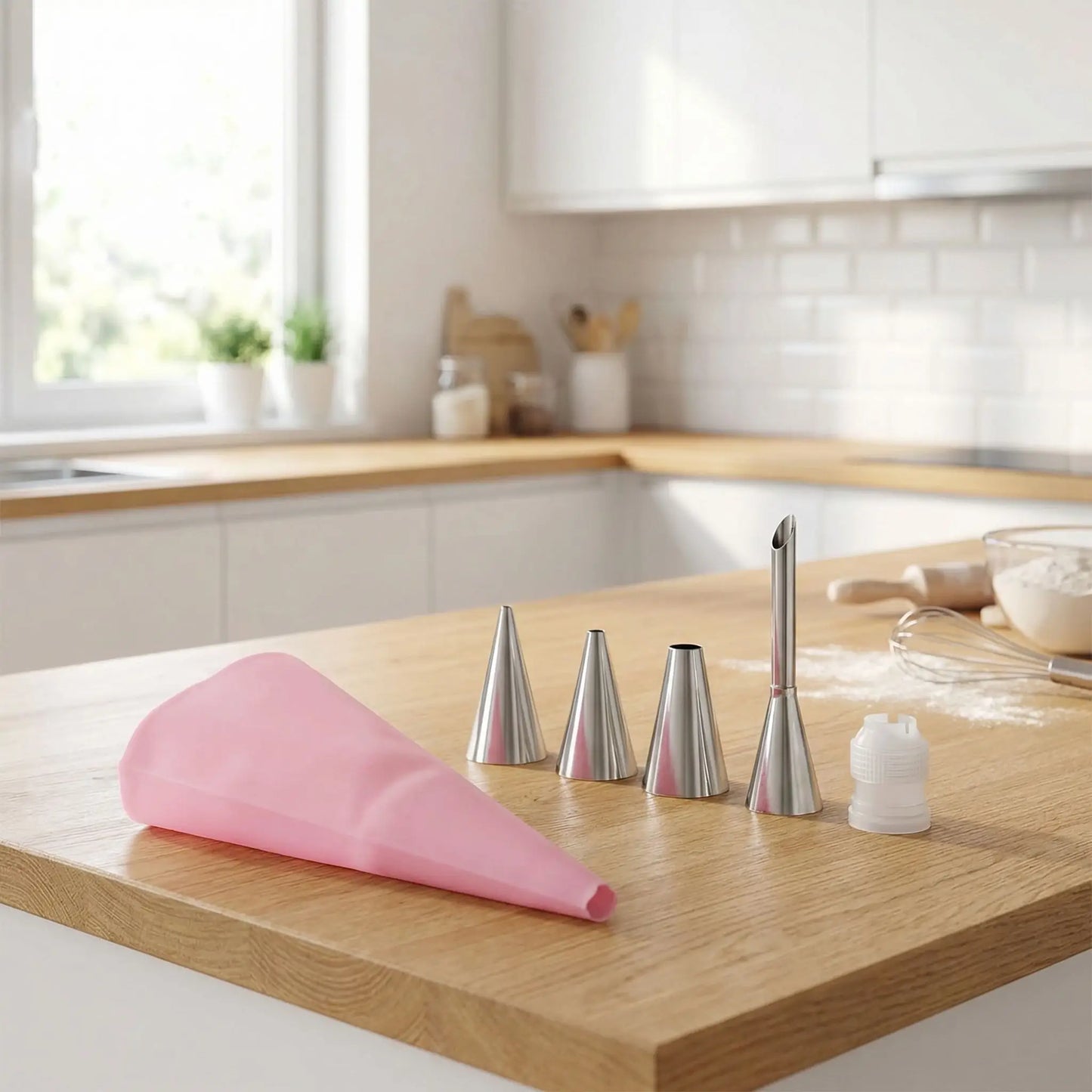 Poche a douille et embout sur table en bois 