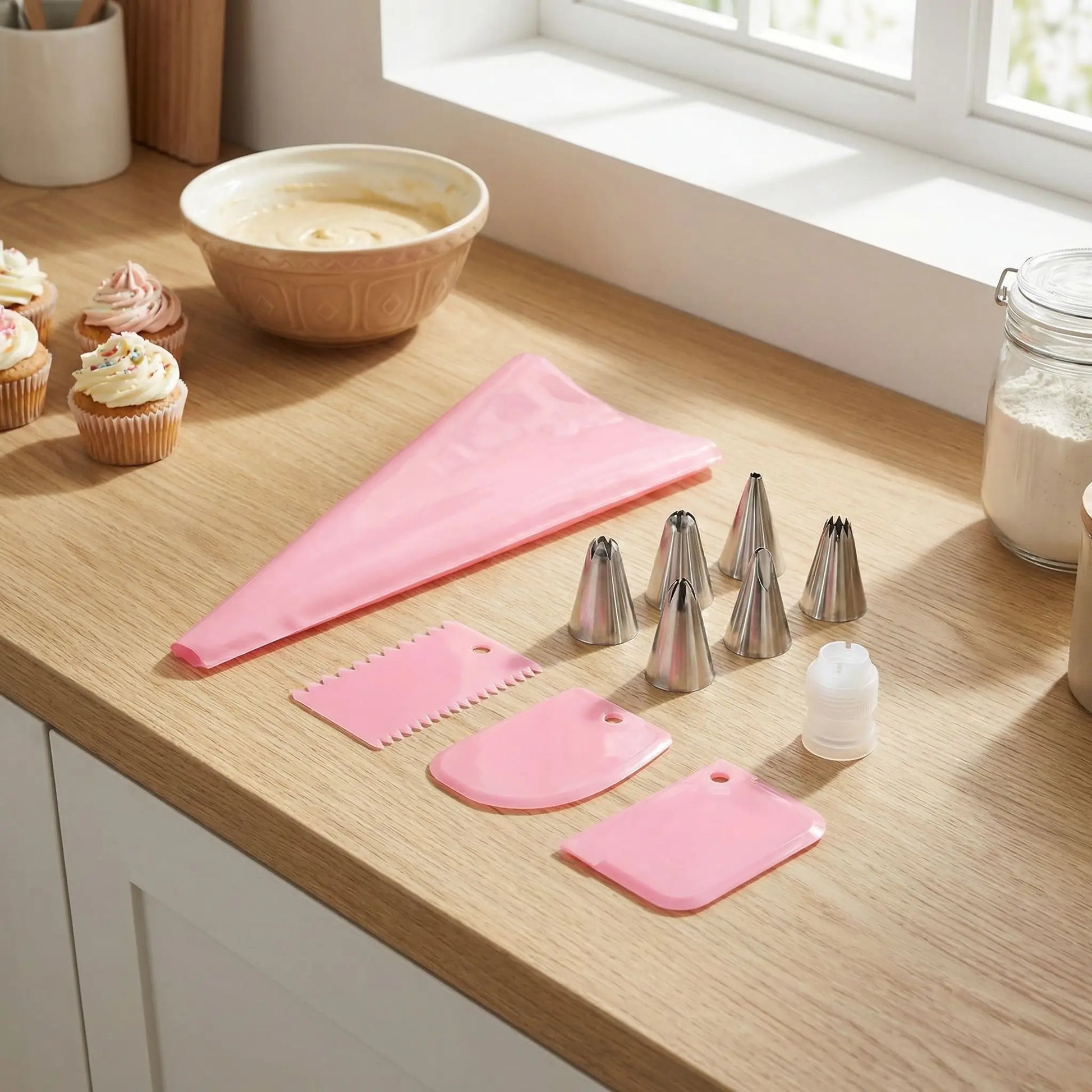 Kit patisserie rose sur table en bois