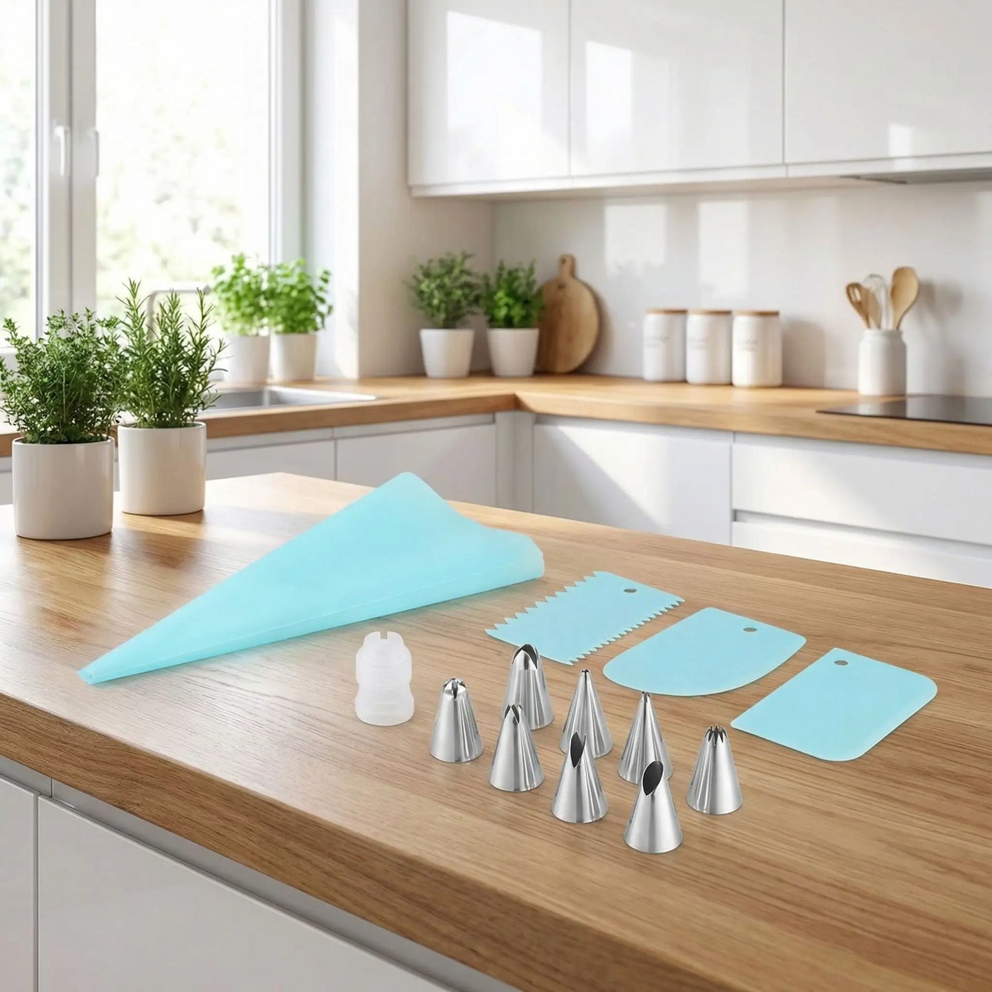 Kit patisserie bleu sur table en bois