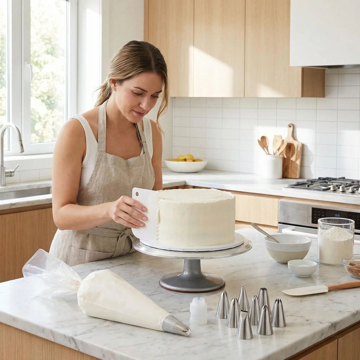 Femme utilisant un Kit patisserie avec grattoir 