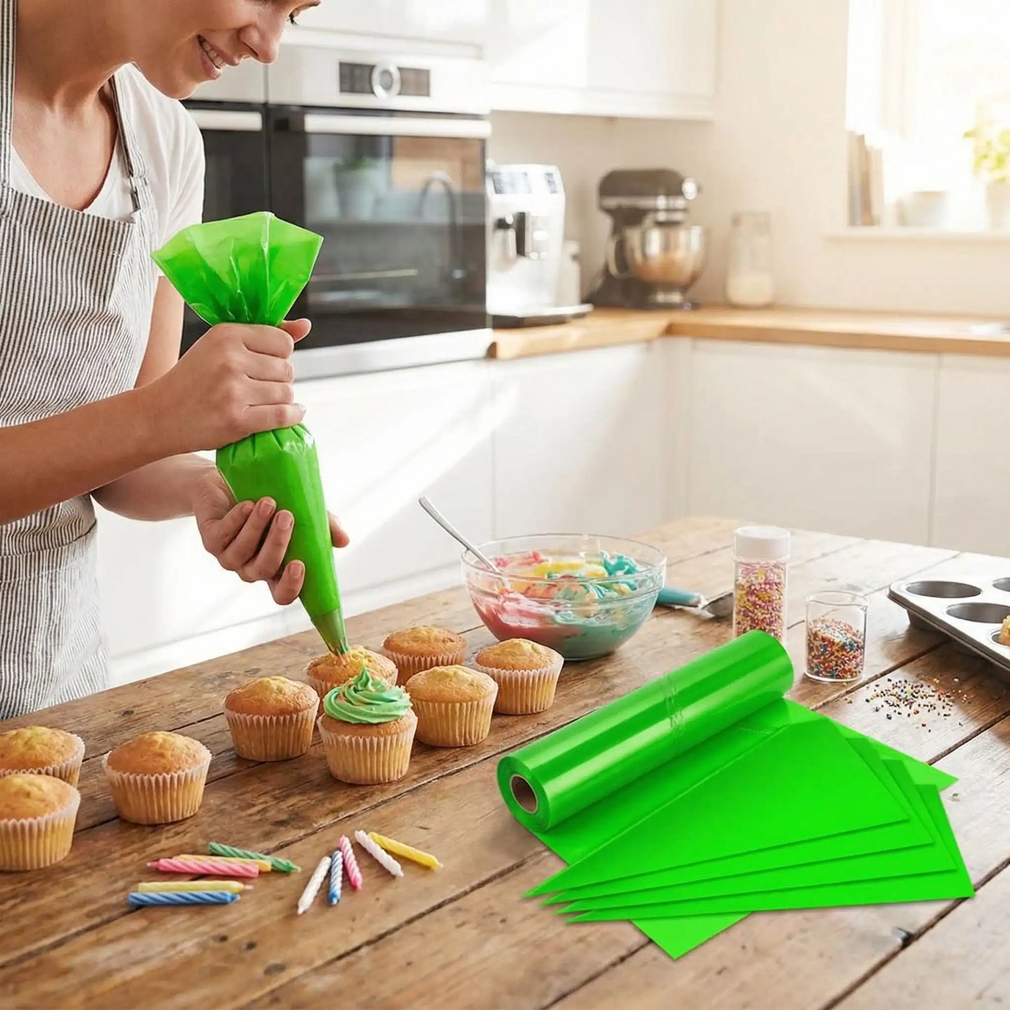 Femme décorant muffin avec Poche à douille jetable
