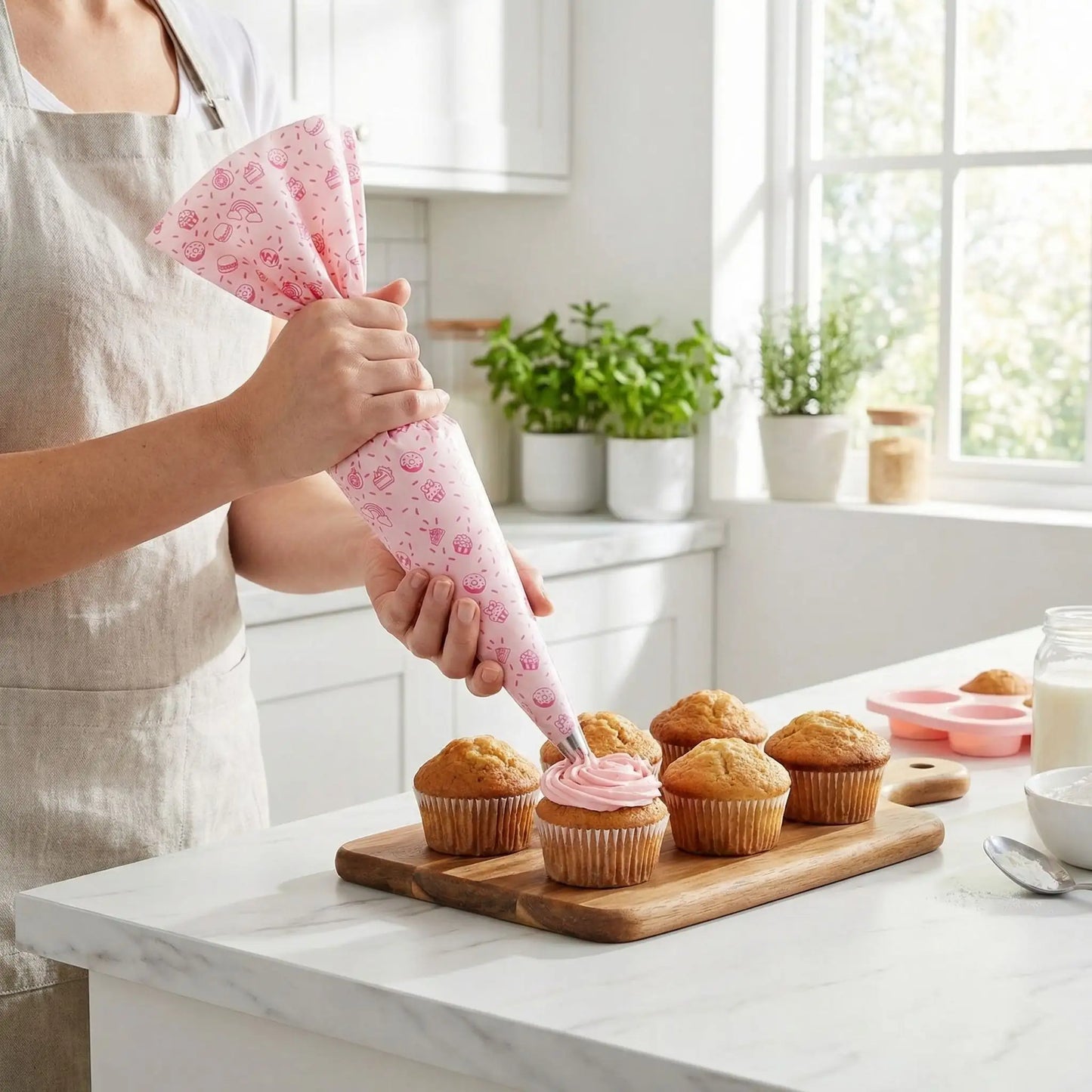 Décoration muffin avec Poche à douille réutilisable couleur rose